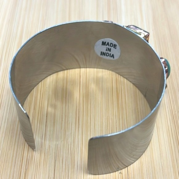 Handmade Silver Tone Adjustable Wide Cuff Bracelet Green Gemstone Embellished - Picture 10 of 16